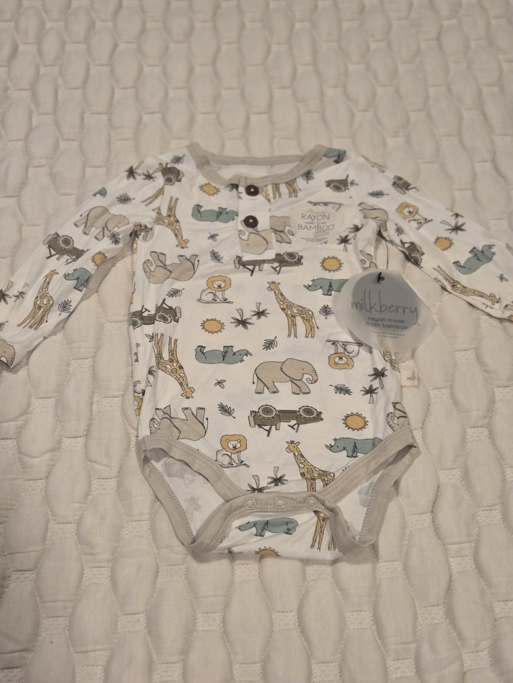 Milkberry Bamboo Baby One-Piece Bodysuit White Jungle Animals Boys 3 To 6mths